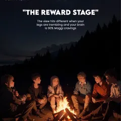 And finally, "The Reward Stage." The view just hits different when your legs are trembling and all you can think about is Maggi. Sharing stories around a campfire with your squad makes it all worth it.