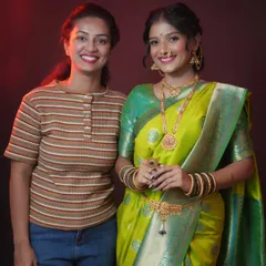One of my students with her model, who is showcasing a beautiful Maharashtrian bridal look created during the portfolio shoot.