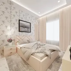 A variation of the same bedroom layout, this time using a delicate floral wallpaper as the accent wall. This shows how easily we can change the entire mood of the room with different materials while keeping the furniture layout.