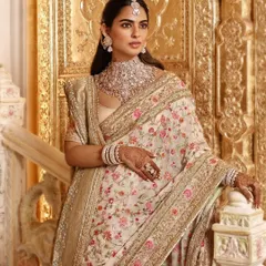 A closer look at the 'Garden of Love' ensemble. The detailed craftsmanship of the Manish Malhotra saree is paired with a stunning diamond necklace, showcasing how I approach high-end accessory and jewelry styling for my clients.