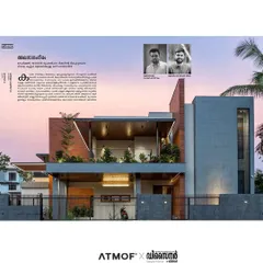 The opening page of our magazine feature, highlighting the beautiful twilight facade of the Madani Residence and introducing our principal architects.