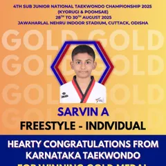 We celebrate Sarvin A's Gold Medal win in the Freestyle Individual category at the Sub Junior Nationals. His creativity and skill are an inspiration to our Taekwondo family.
