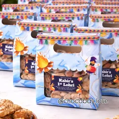 A baby's first festival is a huge milestone, and I love creating gifts to match the excitement. This personalized hamper for 'Kabir's 1st Lohri' is filled with traditional treats and designed with vibrant, festive details to make the celebration unforgettable.