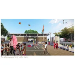 This conceptual rendering for a rural community center in Andhra Pradesh illustrates our vision for a 'Gramam Pranganam'. The open plaza is designed as a dynamic space for play, celebration, and public assembly, anchored by essential community infrastructure like water tanks.