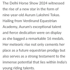 An excerpt from the Hindustan Times article, highlighting Aurum's rise as a future equestrian prodigy and a testament to the potential of India's young riding talent.