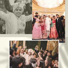 A collage showing the energy of the groom's baraat and the lively celebration with friends and family on the dance floor.