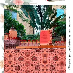 A wide view of a personalized bar, complete with a custom menu and themed tablecloth, ensuring every element aligns with the client's vision.