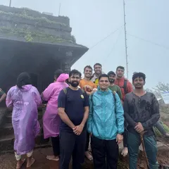Our group at the Sarvajna Peetha, a small temple at the top of Kodachadri peak, surrounded by mist.