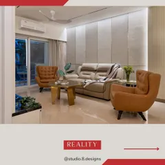 The completed living room, where the custom tufted armchairs and plush sofa bring warmth and comfort to the sleek, paneled design.
