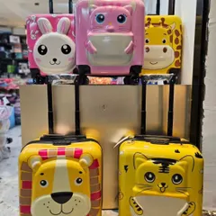 I've got these premium quality hard-shell trolley bags that make traveling a blast for kids. This shot shows some of the fun 3D animal designs available, including the lion, tiger, bunny, and giraffe.