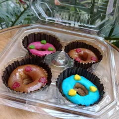 Look at these colorful, freshly baked donuts! I make these with pet-safe icing and natural ingredients like apple, pumpkin, and peanut butter. They are a perfect little treat to make any day feel like a celebration.