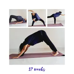 Even at 37 weeks, movement is your friend. This collage shows gentle stretches, hip openers, and balancing poses that help prepare the body for labor.