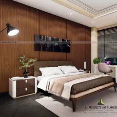 For this bedroom design, we proposed a floor-to-ceiling wood-panelled wall to add warmth and texture. A dedicated study nook by the window makes the room multi-functional.