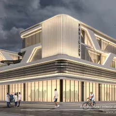 A second concept for the Dwarka mall, this time with a lighter color palette and curved, streamlined forms that evoke a retro-futuristic feel.