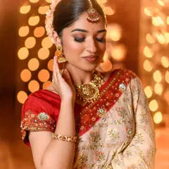 A close-up on the eye makeup for the Diwali look, featuring a sharp wing and soft brown shadows.