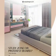 A close-up of the study zone in the pastel-themed kids' room. The design includes ample shelving and a well-lit desk space, making homework a little more fun.