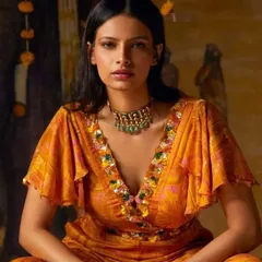 A seated portrait from a designer campaign, showcasing a rich, warm-toned makeup look. The makeup complements the orange and gold hues of the outfit, creating a cohesive and luxurious feel for the brand's lookbook.