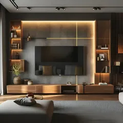 This dark and moody entertainment unit uses a textured grey wall and dramatic backlighting to create a cinematic feel. The long wooden console offers ample storage, while the asymmetrical shelving adds a modern touch.