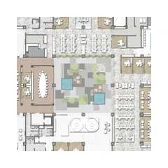 This floor plan of the Hamdard Laboratories office shows how the entire workspace is organized around the central, sky-lit courtyard. This layout ensures that most of the office receives ample natural light, promoting a productive and serene environment.