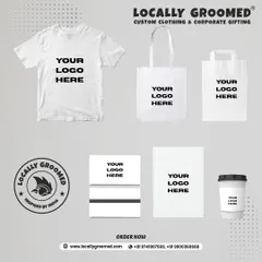 An illustration of the different items we can customize with your logo. This includes t-shirts, tote bags, paper bags, notebooks, and coffee cups, showing the breadth of our branding capabilities.