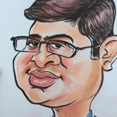 A close-up of a colored caricature. The watercolor adds depth and warmth, turning a quick sketch into a more finished piece of art.
