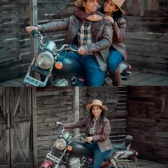 A fun, themed pre-wedding shoot with a retro motorbike. This collage captures the cool and adventurous side of Aditya and Priyanka's relationship.