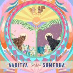 A full view of the custom wedding invite cover, combining the couple's story into a single, harmonious design. It features their spirit animals, a day and night theme, and a fun caricature of them as squirrels, all enclosed within a vibrant, multi-colored mandala-like border.