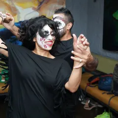 Even with scary makeup on, the joy of dancing always shines through. Here's a shot of me and Sai enjoying a Salsa dance during our Halloween social.