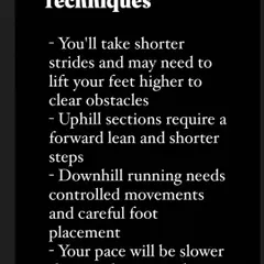 This graphic details the different running techniques required for trails, such as shorter strides, uphill leans, and controlled downhill movements.