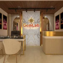 The proposed design for the GemLab reception and consultation area. We used a marble-finish backdrop for the logo and a fluted-panel desk with gold accents to establish a luxurious and trustworthy brand identity.