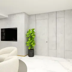 This view of the render highlights the seamless, integrated door and paneling on the wall, demonstrating a minimalist approach where functional elements are hidden within the design.