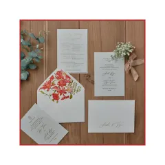 The understated elegance of letterpress printing is truly special. For this suite, we used a blind letterpress technique to emboss a delicate floral pattern, complemented by a vibrant, hand-painted gulmohar flower design on the envelope liner.