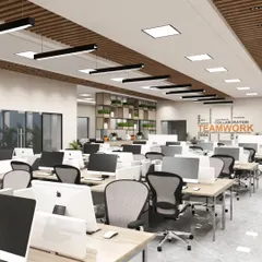 An organized and inspiring workspace designed for teamwork. This render for our upcoming Bengaluru project features an open-plan layout with ample desk space, ergonomic chairs, and motivational wall graphics to foster collaboration and productivity.