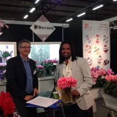 At the Decora stand during a trade fair in the Netherlands. Building relationships with global suppliers ensures we have access to a wide variety of high-quality flowering plants.