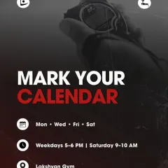Mark your calendar for your next fitness challenge. This graphic provides the weekly schedule for our Burn Club sessions, held on Mondays, Wednesdays, Fridays, and Saturdays at the Lakshyan Gym.