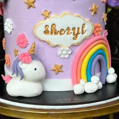 A close-up of the adorable, chubby fondant unicorn and the rainbow details. I handcraft each element to make the cake extra special.