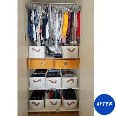 The "after" is what it's all about. By using the hanging space optimally and containing folded items in uniform bins, we created a wardrobe that is not only beautiful but incredibly functional.