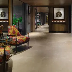 A view down the transformed entrance lobby of the Caitriona apartment, where curated art and lighting create a gallery-like feel. The design uses rich materials and textures to add depth and sophistication to the space.
