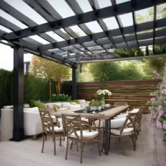This design concept shows a spacious outdoor dining and lounge area under a large, dark-framed pergola. It illustrates how we can create a perfect setting for entertaining, complete with comfortable seating and lush surrounding greenery.