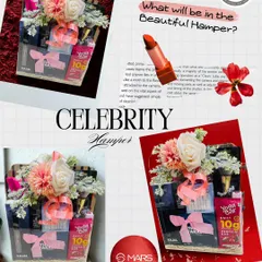 This collage showcases a celebrity hamper I curated for Mars Cosmetics. It gives a glimpse into the handpicked beauty items inside, like lipstick and makeup brushes, all brought together with a beautiful floral topper.