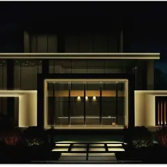 Another rendering of the clubhouse project, focusing on the main entrance. Here, we used the simulation to define the clean, geometric lines of the structure with warm, continuous light.