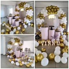 A collage showing the setup process of a beautiful white and gold balloon ring decoration.