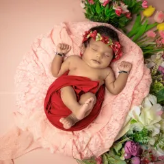 Blooming with love. For this overhead shot, I created a beautiful flat-lay of flowers and fabrics to surround this peacefully sleeping baby.