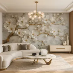 This elegant 5D wallpaper showcases white cherry blossoms on a textured grey background. The golden branches add a touch of luxury, creating a sophisticated and timeless accent wall.