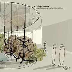 A conceptual sketch for the Cochin International Airport project, illustrating our initial ideas for the interior landscape. This drawing shows the proposed 'Kalari' inspired sculptures, which celebrate local culture, and the use of a mirrored ceiling to enhance the space.