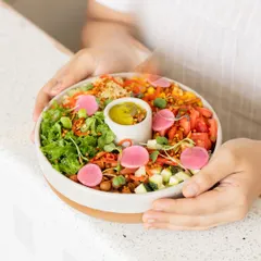 This is what our food is all about: colorful, fresh, and packed with nutrients. We design every dish, like this vibrant nourish bowl, to be good for your gut and a treat for your eyes.
