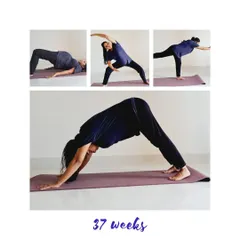 Yes, you can do this even at 37 weeks. Yoga isn't about being flexible; it's about connecting with your body. This beautiful collage shows one of our mamas staying active and strong right up until the end of her pregnancy.
