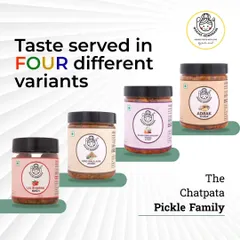 Meet the chatpata pickle family. We serve taste in four different variants: Lal Bharwa Mirch, Hing Wala Aam, Gajar Gobhi Shalgam, and Adrak Achaar.