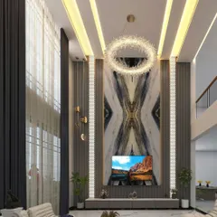 This is the third design option for a grand double-height living hall, featuring a book-matched marble TV unit that extends to the ceiling, creating a dramatic focal point.