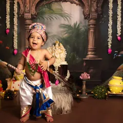 We celebrate culture and tradition with special photoshoots, like for Janmashtami. Here, a happy little Kanha is ready for some fun in our beautifully arranged festive set.